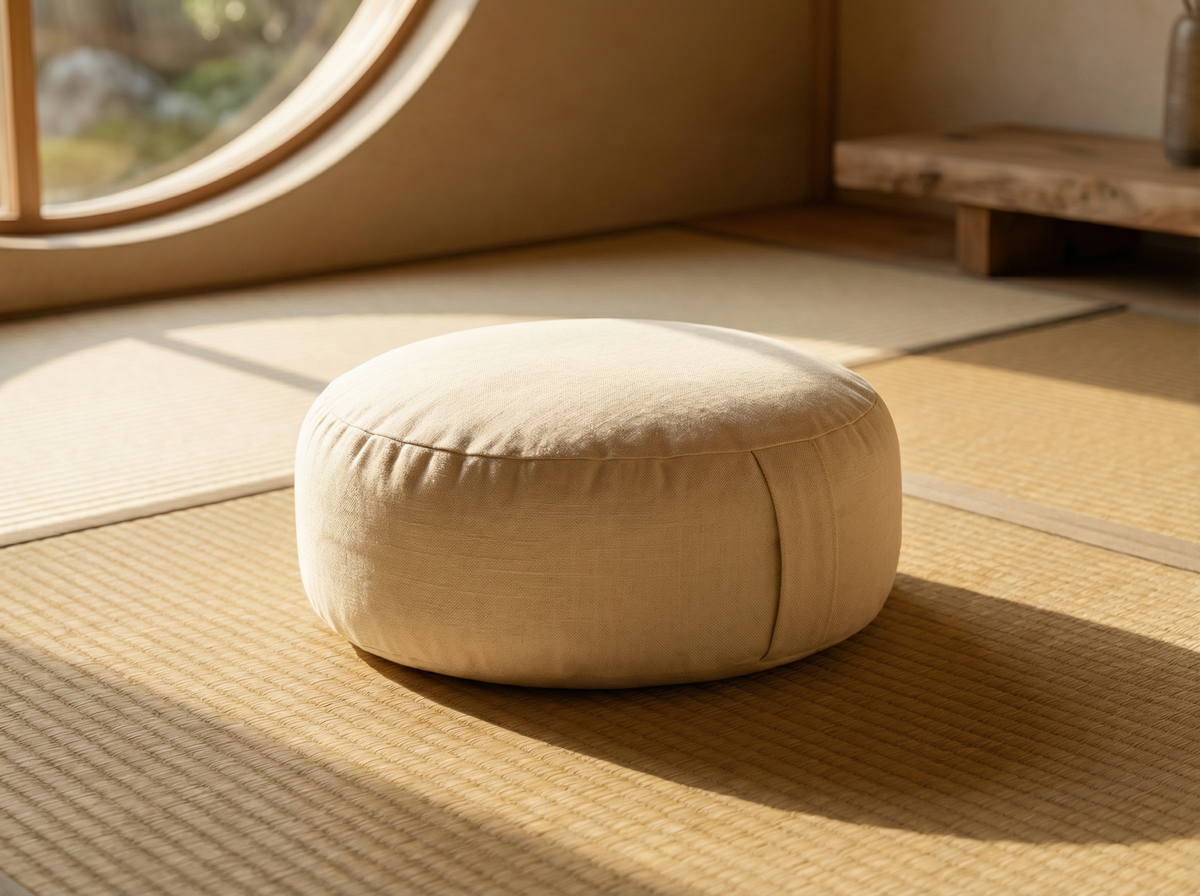 CLOUDLESS Zafu — organic buckwheat round meditation cushion in Kumo (Cloud) colorway on tatami mat
